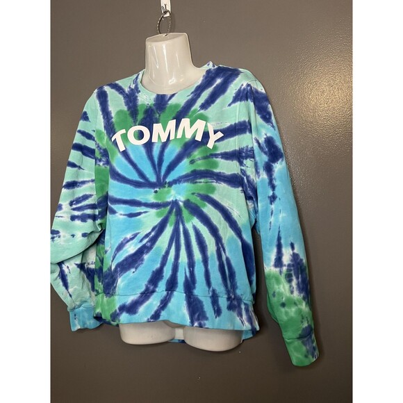 Tommy Hilfiger Sweatshirt Womens Medium Blue Green Tie Dye TOMMY Logo Crewneck - Picture 3 of 8